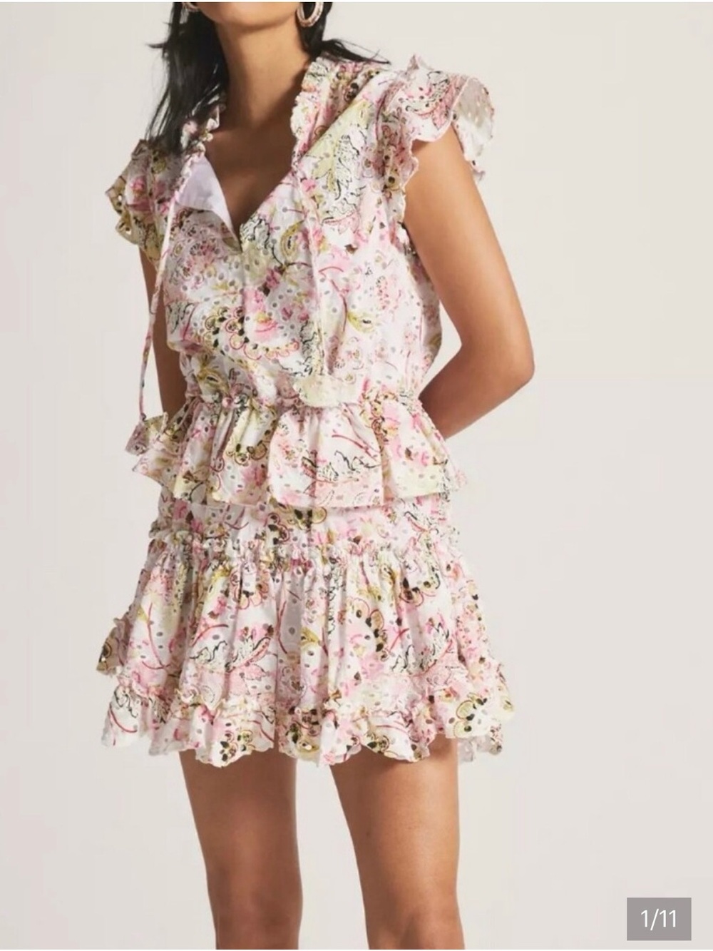 Misa Los Angeles Pink & Cream Floral Eyelet Tiered Mini Dress
